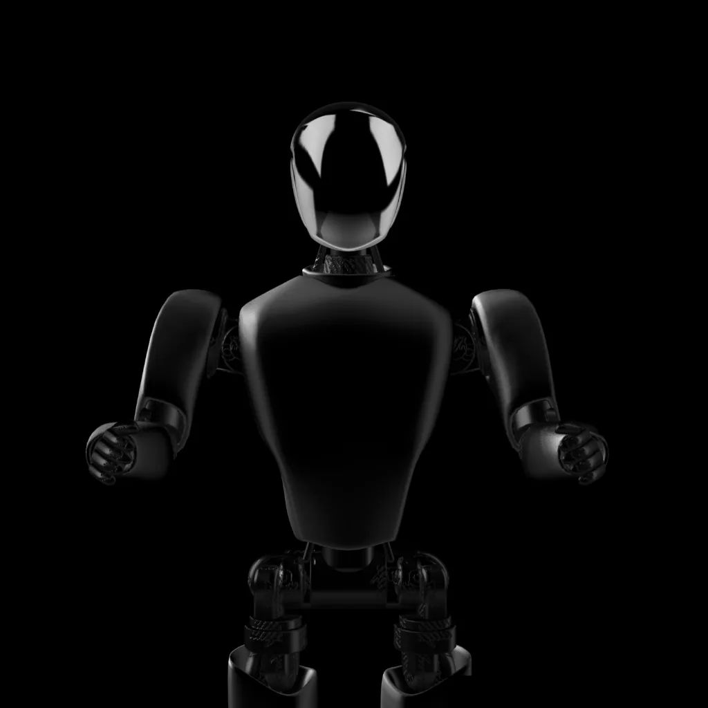 Club AI — a gloss-black humanoid robot against black, the Club's always-on concierge