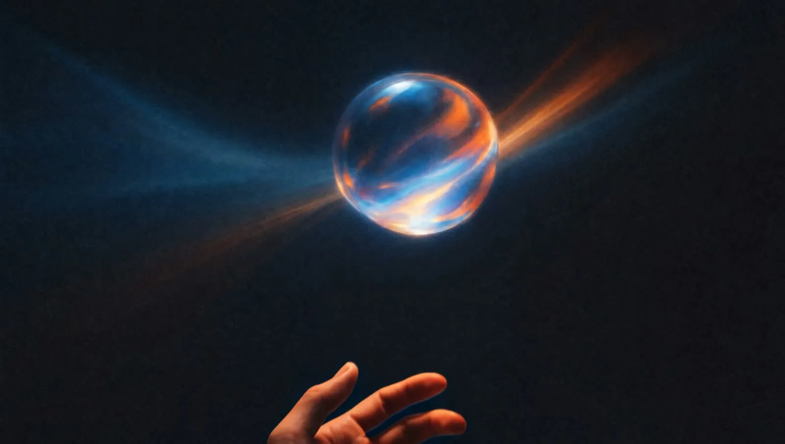 An open hand releasing a glass sphere lit from within by blue and amber currents against near-black: a whole person held whole, not flattened onto a page.