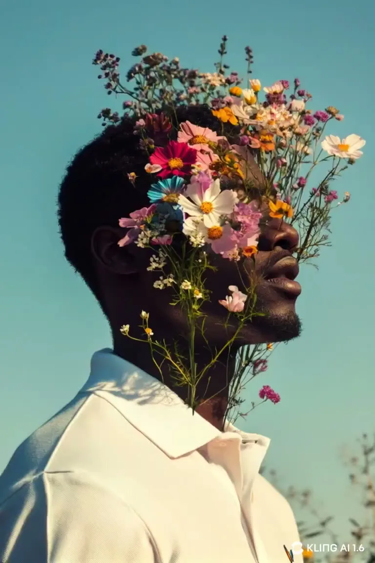 A man in a white collar shirt in profile against a pale sky, his face given over to a bloom of wildflowers: legible to anyone who has worked beside him, unreadable from the surface.
