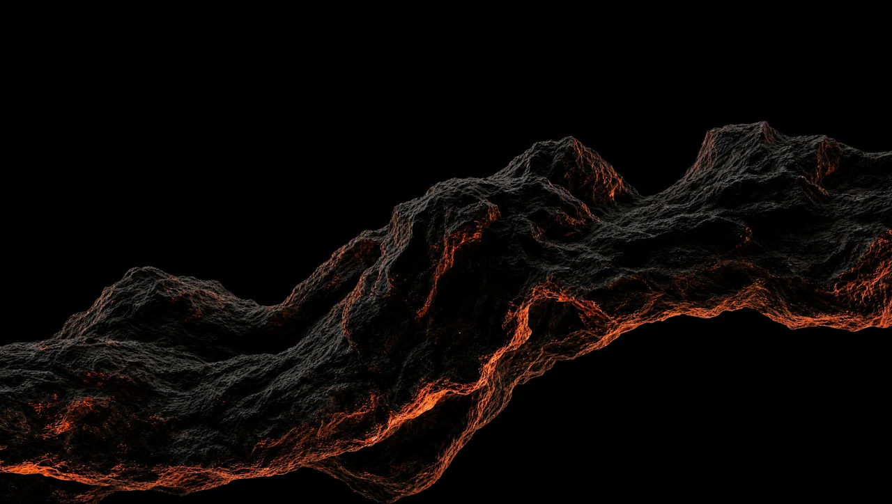 A dark ridge of terrain against black, its seams lit from within by molten orange: a small landscape whose real structure only shows from close up.