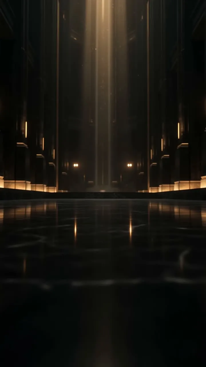 A shaft of light falling down a dark colonnaded hall onto a polished floor, warm sconces along both walls: the room entered by invitation, before anything is decided.